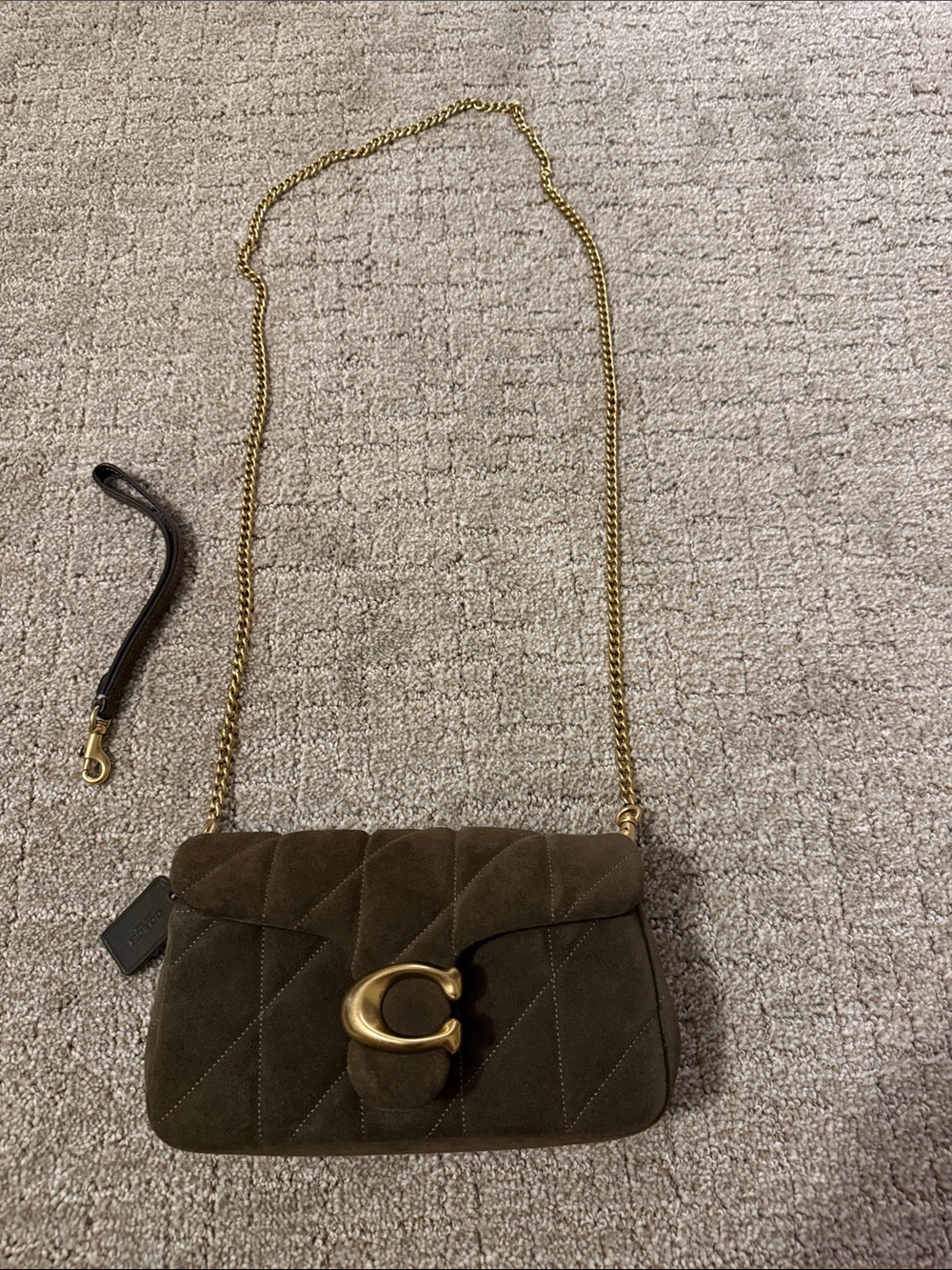 Coach Olive Green Quilted Suede Shoulder Bag with Gold Chain